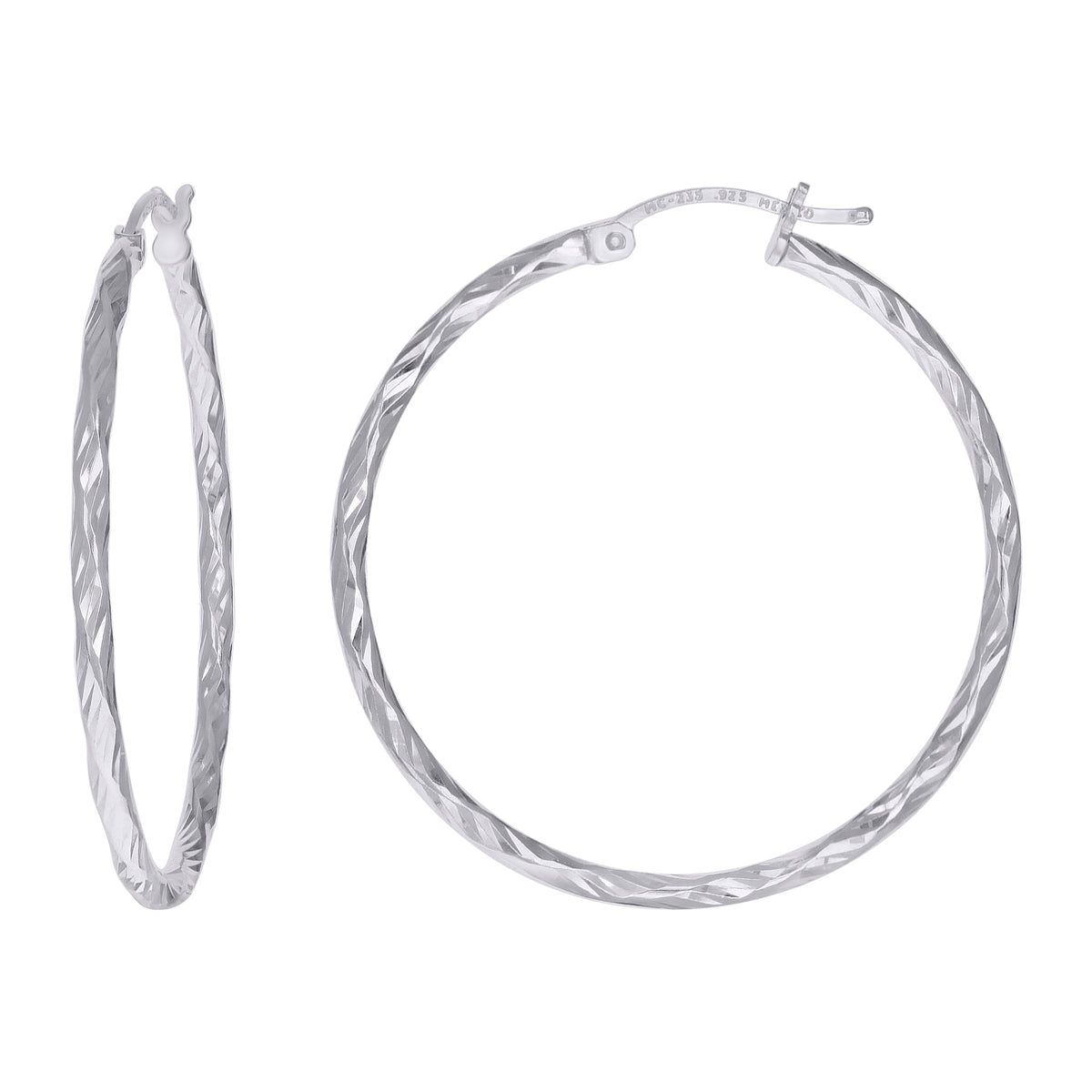 925 Sterling Silver Womens Diamond-cut 2mm x 35mm Hoop Earrings