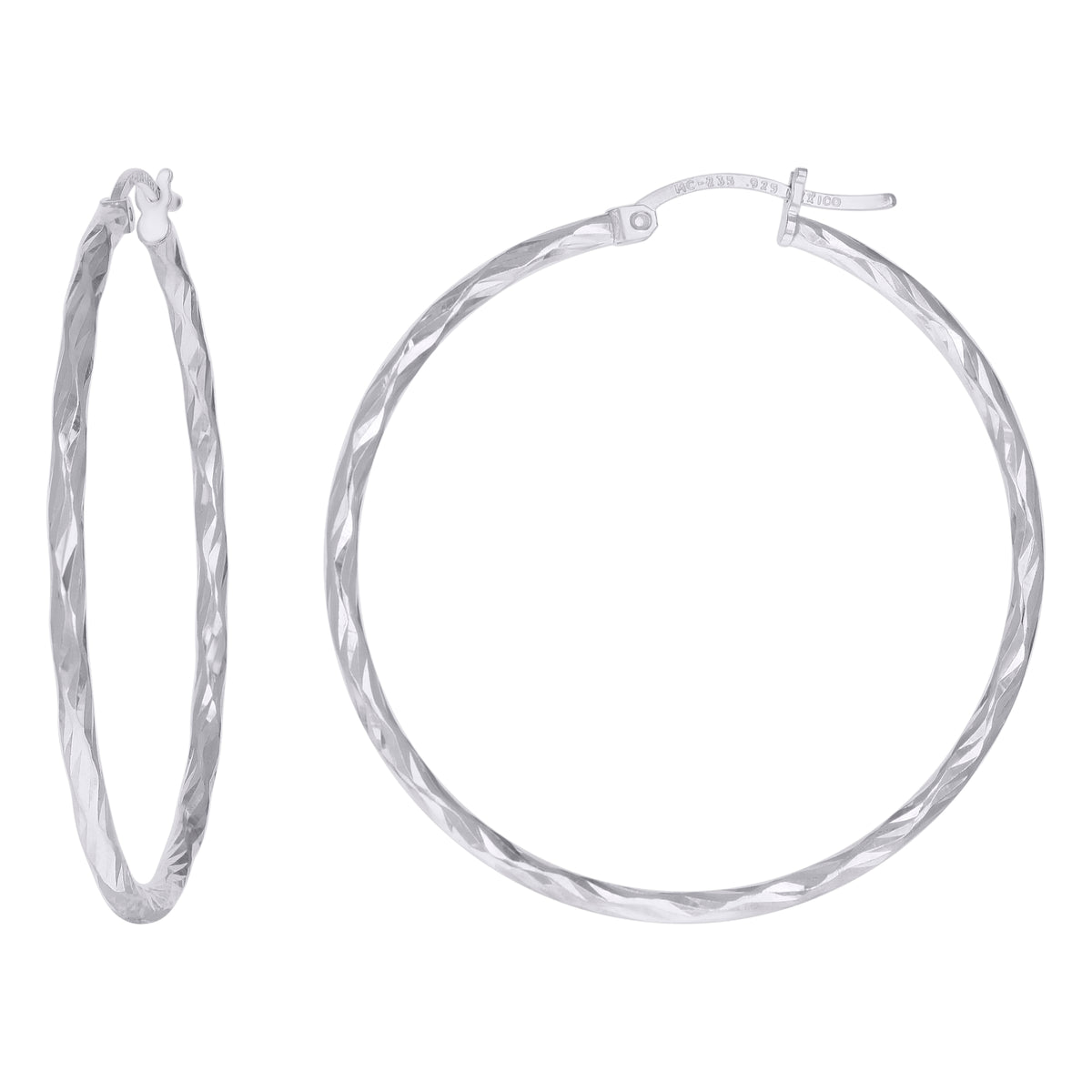 925 Sterling Silver Womens Diamond-cut 2mm x 40mm Hoop Earrings
