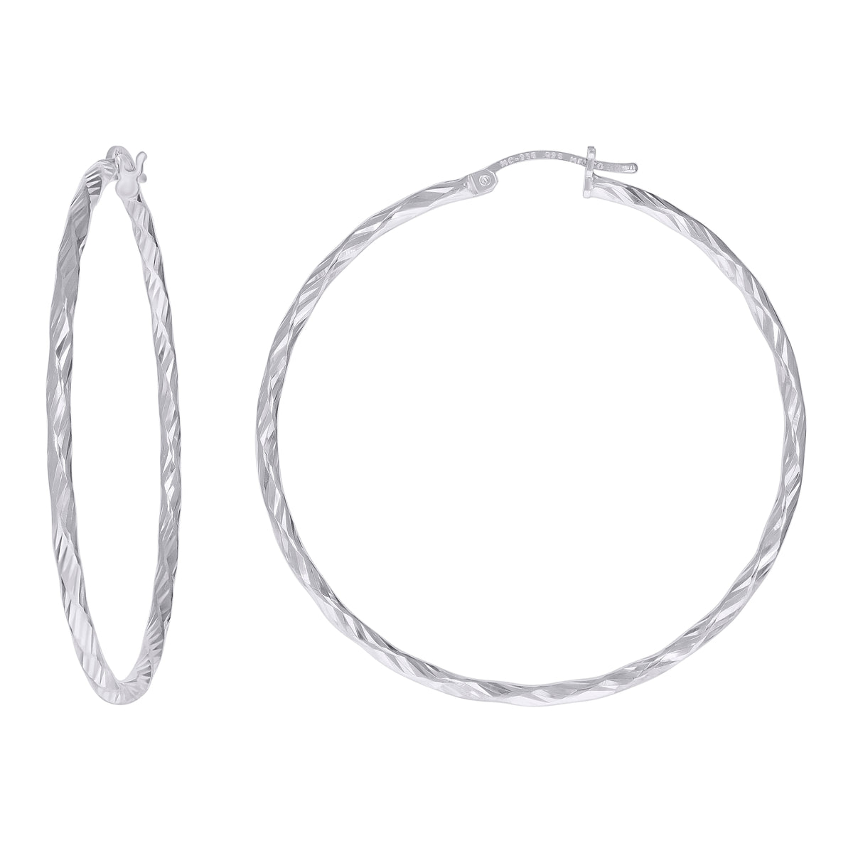 925 Sterling Silver Womens Diamond-cut 2mm x 45mm Hoop Earrings