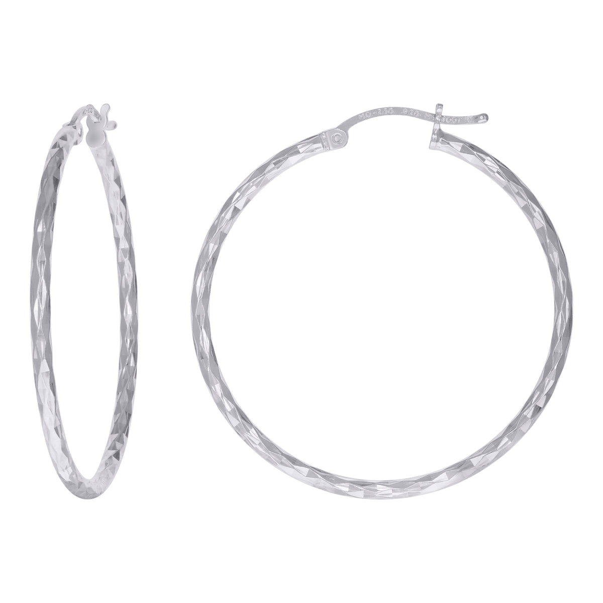 925 Sterling Silver Womens Diamond-cut 2mm x 35mm Hoop Earrings