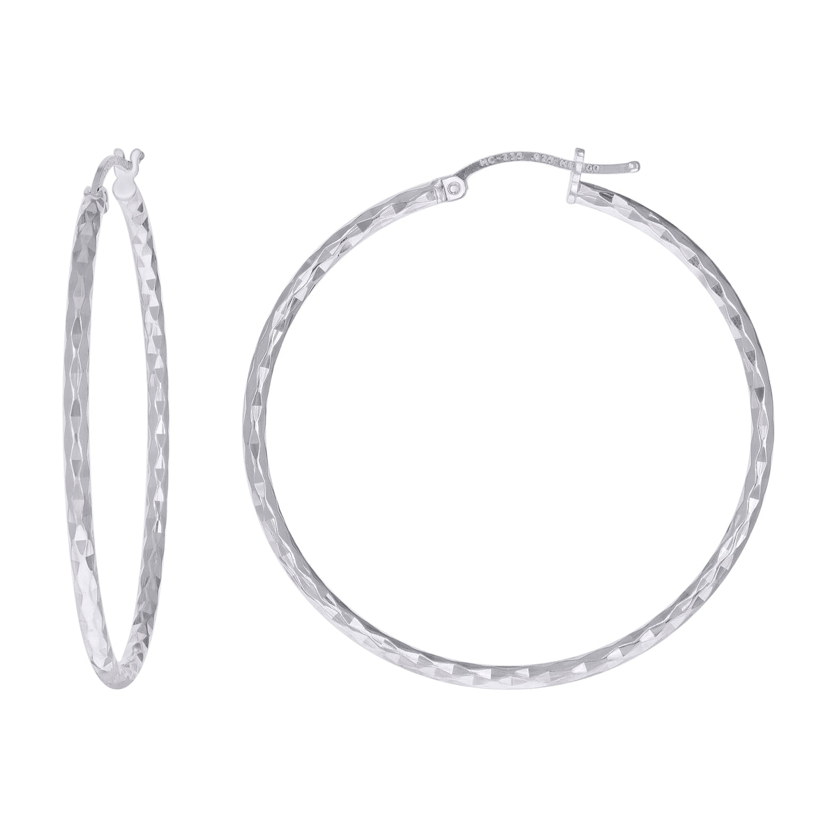 925 Sterling Silver Womens Diamond-cut 2mm x 40mm Hoop Earrings