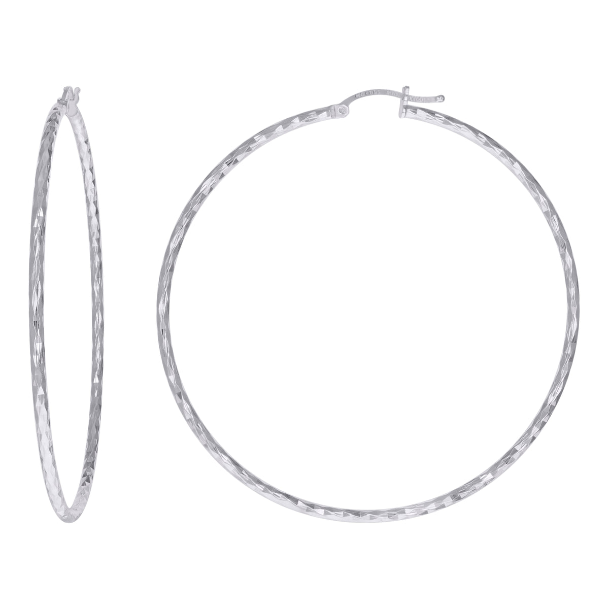 925 Sterling Silver Womens Diamond-cut 2mm x 60mm Hoop Earrings