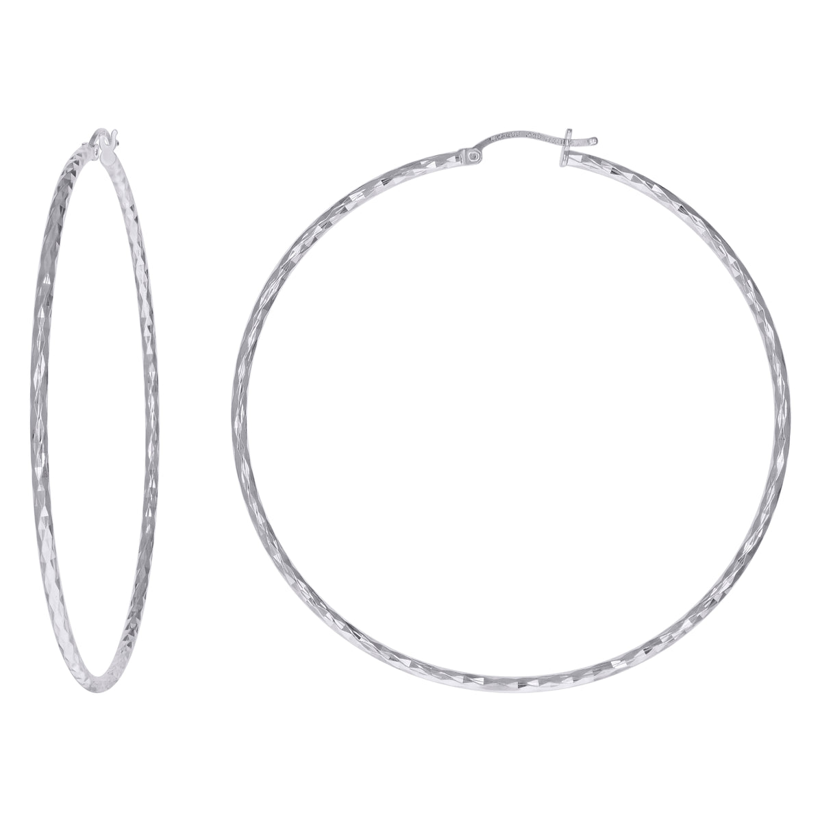 925 Sterling Silver Womens Diamond-cut 2mm x 65mm Hoop Earrings