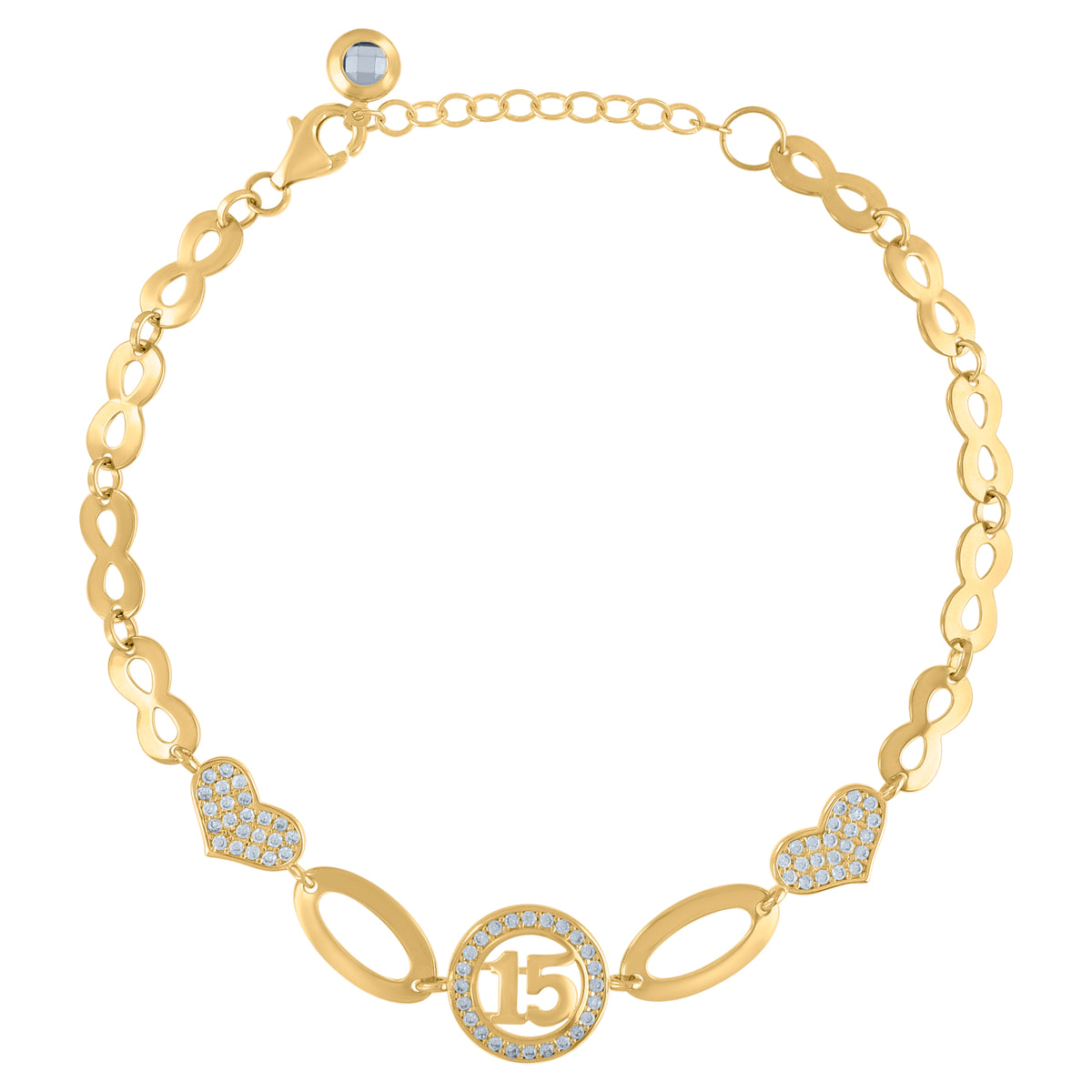 10K Yellow Gold Womens Cubic-Zirconia Heart Quinceanera 15 Charm Bracelet Size 8 Inches