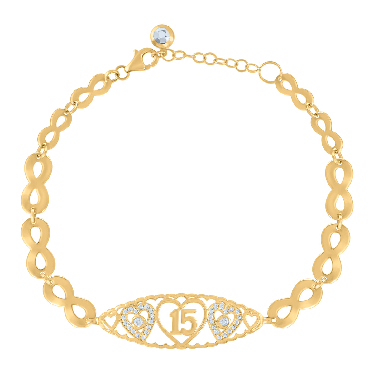 10K Yellow Gold Womens Cubic-Zirconia Heart Quinceanera 15 Charm Bracelet Size 8 Inches