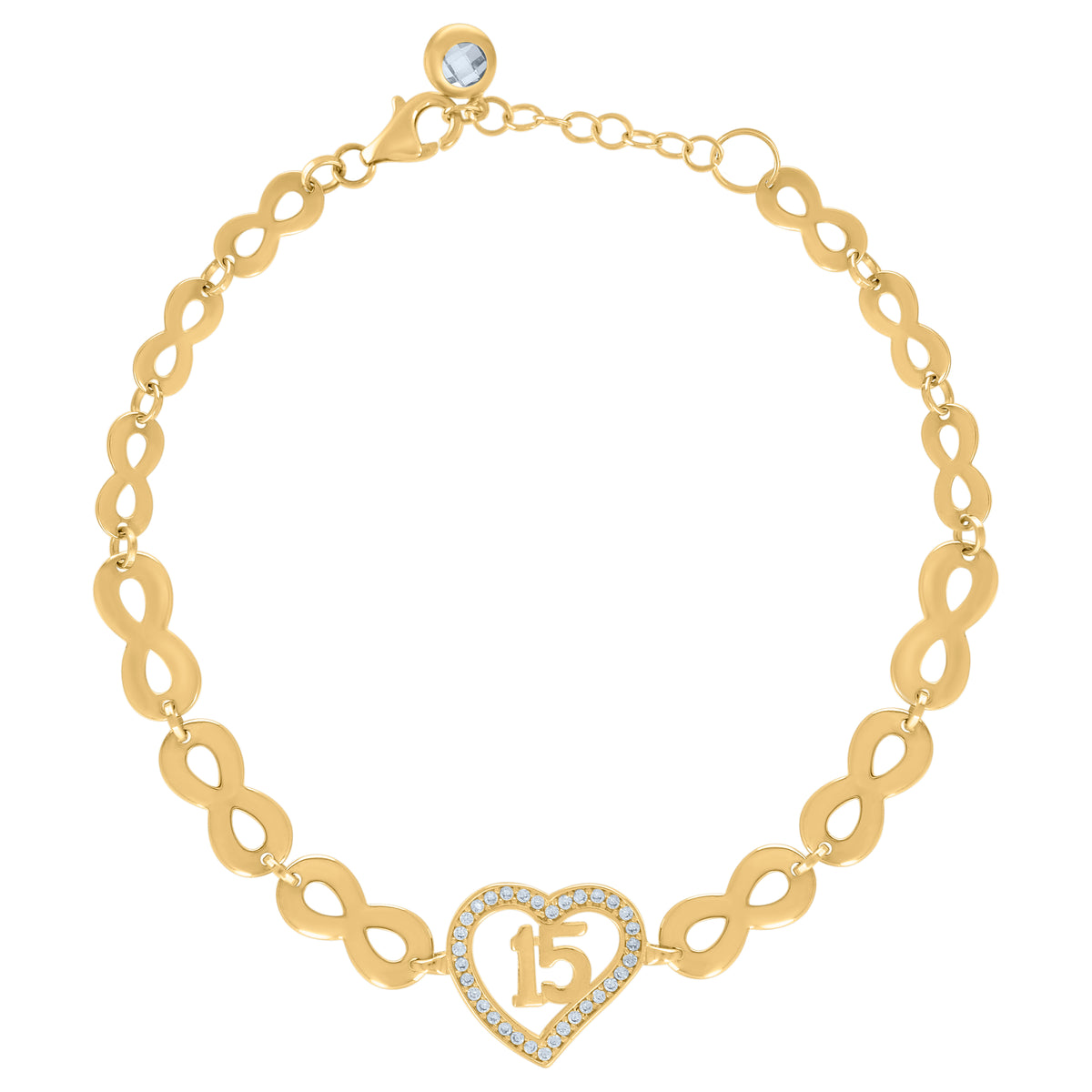 10K Yellow Gold Womens Cubic-Zirconia Infinity Link Heart Charm Bracelet Size 8 Inches