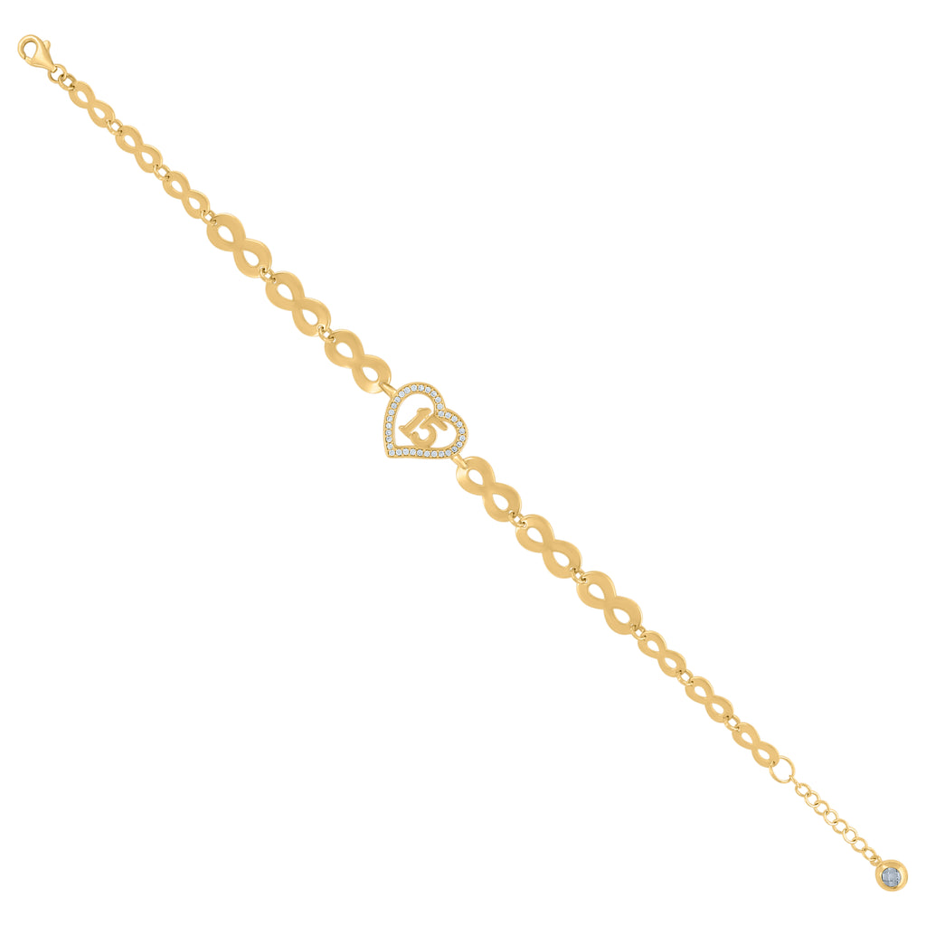 10K Yellow Gold Womens Cubic-Zirconia Infinity Link Heart Charm Bracelet Size 8 Inches