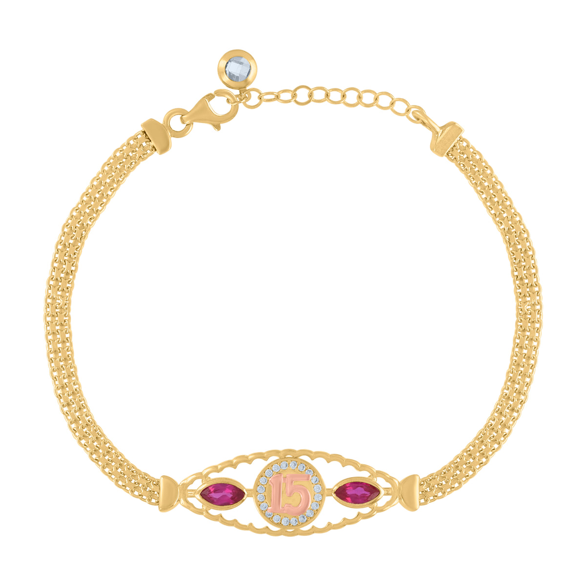 10K Two-tone Gold Womens Purple White Cubic-Zirconia Quinceanera 15 Charm Bracelet Size 8 Inches