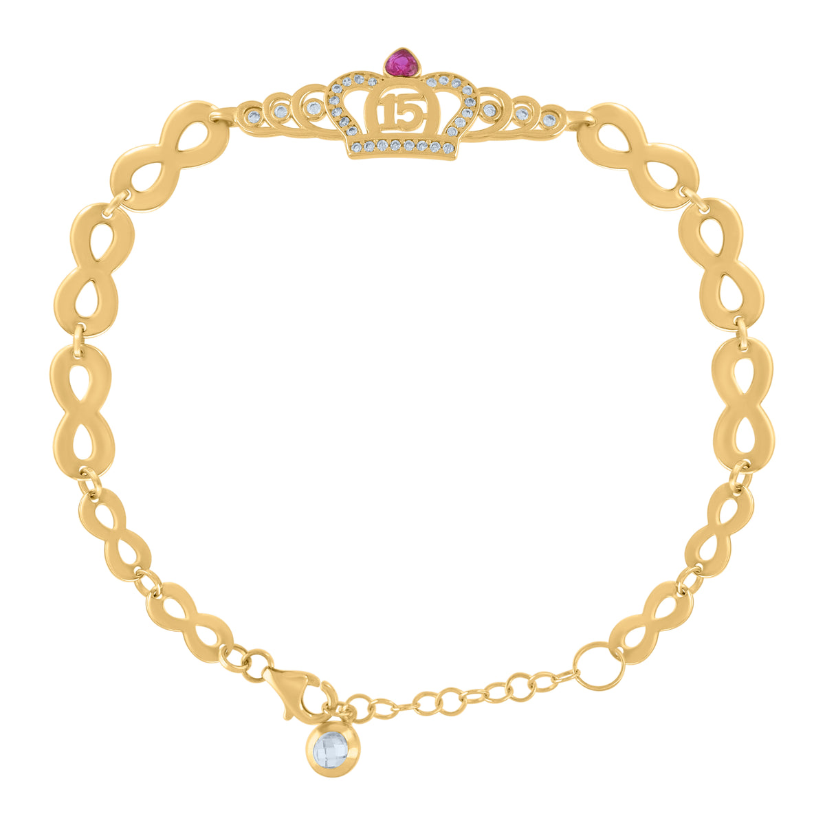 10K Yellow Gold Womens Cubic-Zirconia Crown Quinceanera 15 Charm Bracelet Size 8 Inches