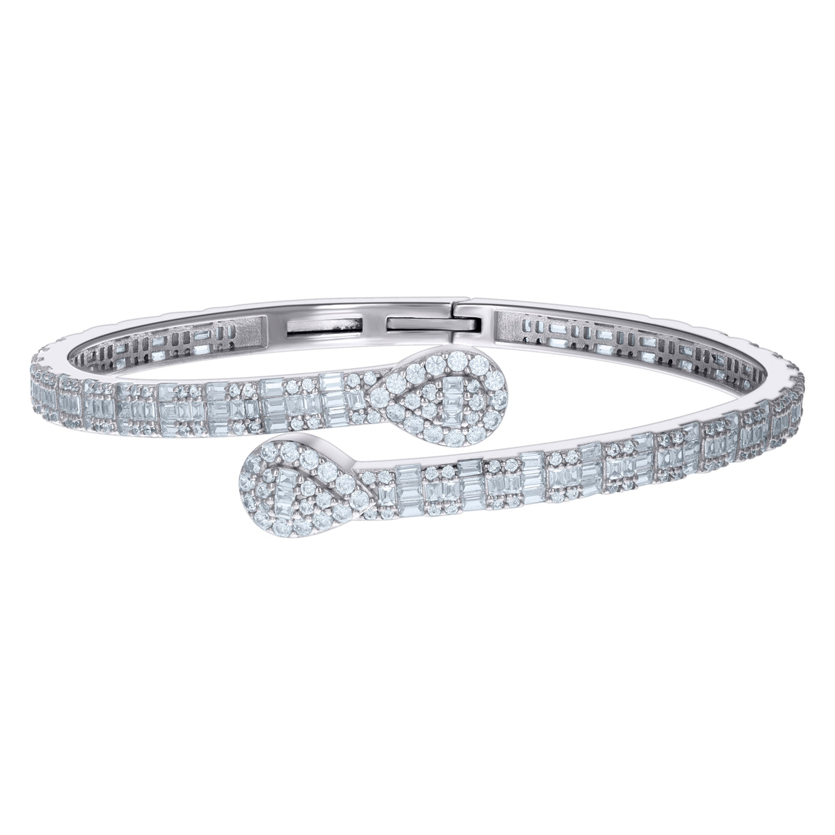 925 Sterling Silver Womens Baguette Round Cubic-Zirconia Teardrop Fashion Bangle Bracelet