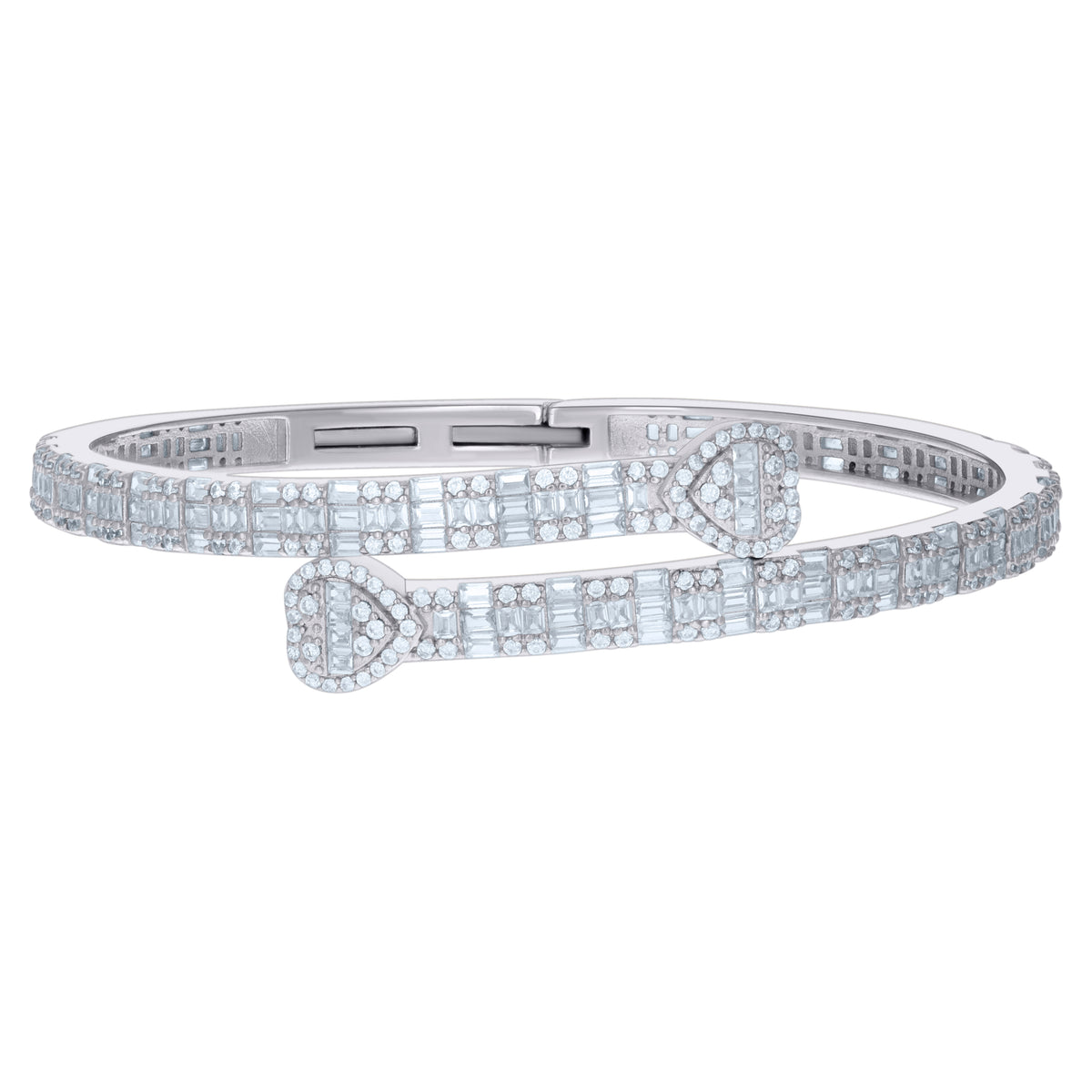 925 Sterling Silver Womens Baguette Round Cubic-Zirconia Heart Bangle Bracelet