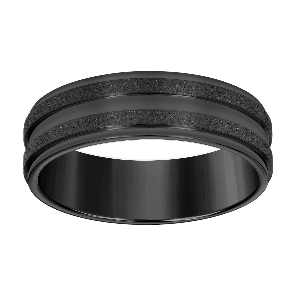 Stainless Steel Black-tone Mens Stone Finish Grooved Comfort-Fit Wedding Band 7mm Size 10