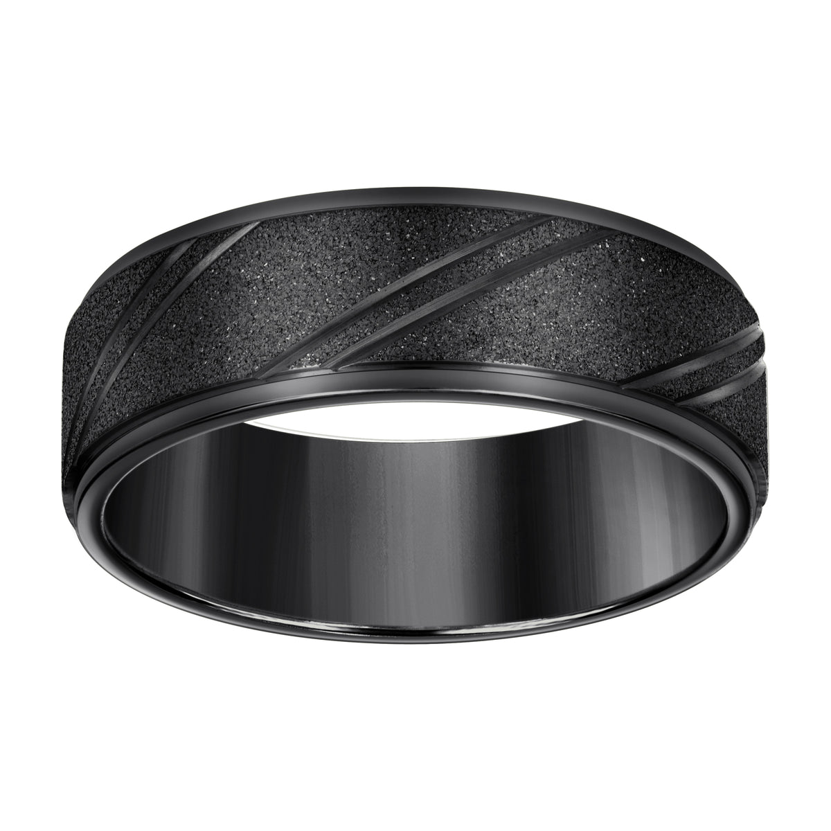 Stainless Steel Black-tone Mens Stone Finish Grooved Comfort-Fit Wedding Band 8mm Size 10