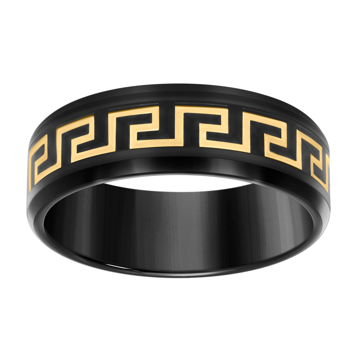 Stainless Steel Yellow & Black-tone Mens Greek Key Inlay Comfort-Fit Wedding Band 8mm Size 11