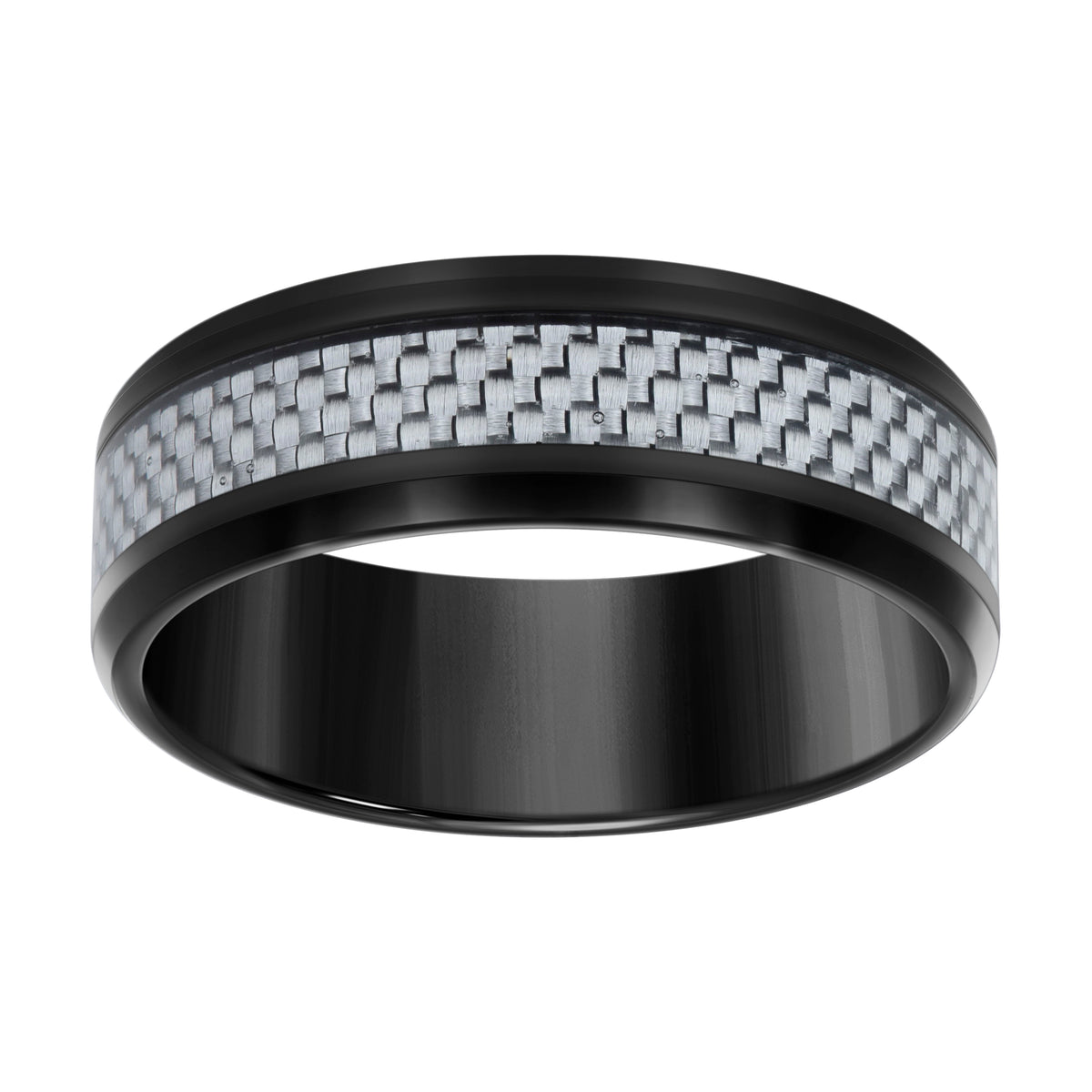 Stainless Steel Black-tone Mens Carbon Fiber Inlay Comfort-Fit Wedding Band 8mm Size 12