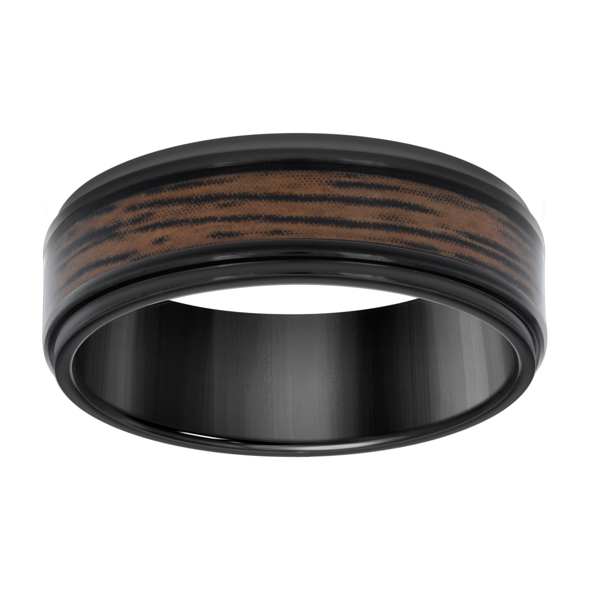 Stainless Steel Black-tone Mens Wood Inlay Comfort-Fit Wedding Band 8mm Size 12