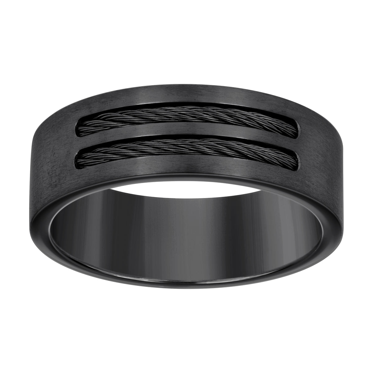 Stainless Steel Black-tone Mens Cable Inlay Comfort-Fit Wedding Band 8mm Size 12