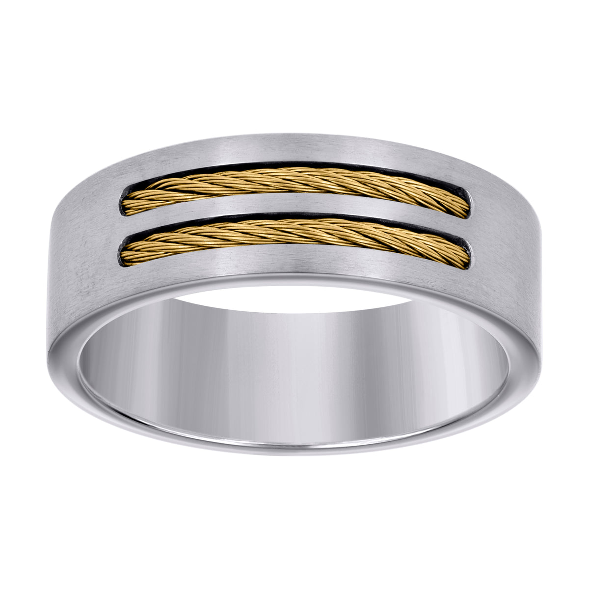 Stainless Steel Yellow-tone Mens Cable Inlay Comfort-Fit Wedding Band 8mm Size 10