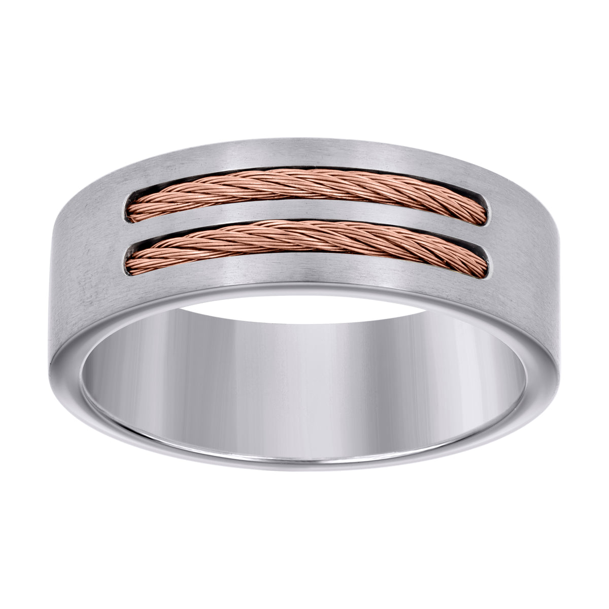 Stainless Steel Rose-tone Mens Cable Inlay Comfort-Fit Wedding Band 8mm Size 10