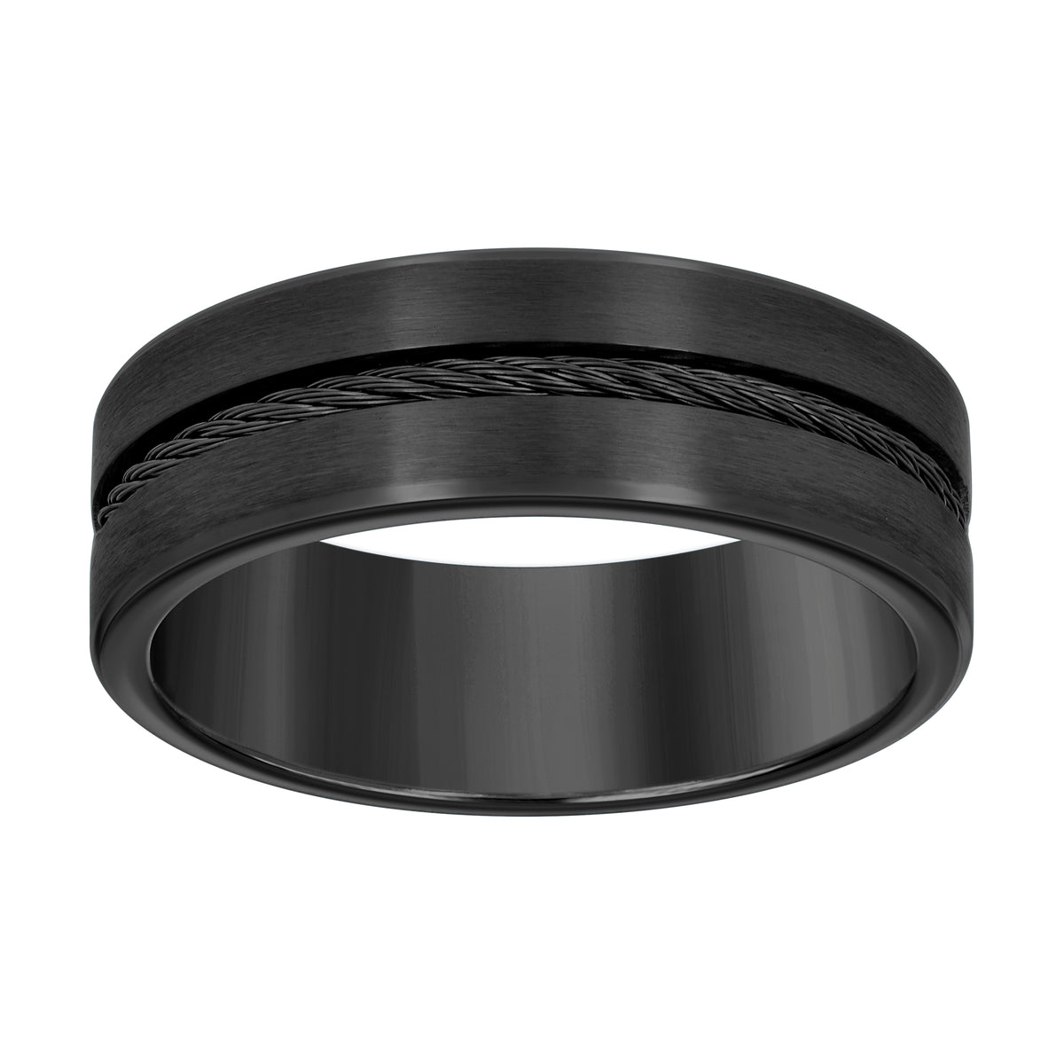 Stainless Steel Black-tone Mens Cable Inlay Comfort-Fit Wedding Band 8mm Size 9