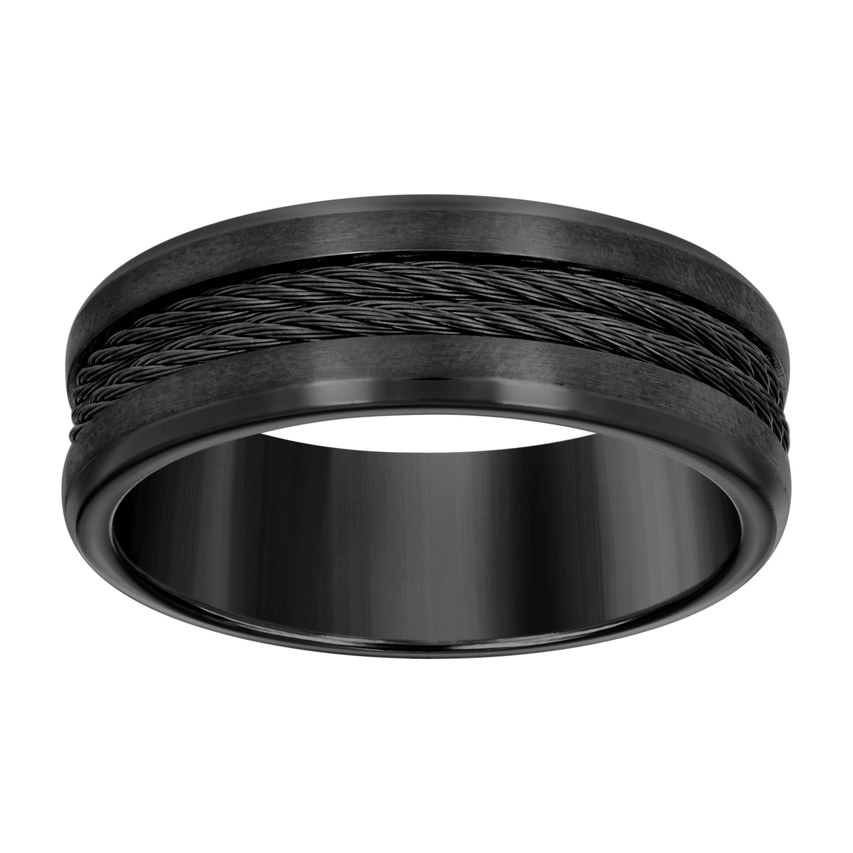 Stainless Steel Black-tone Mens Cable Inlay Comfort-Fit Wedding Band 8mm Size 12