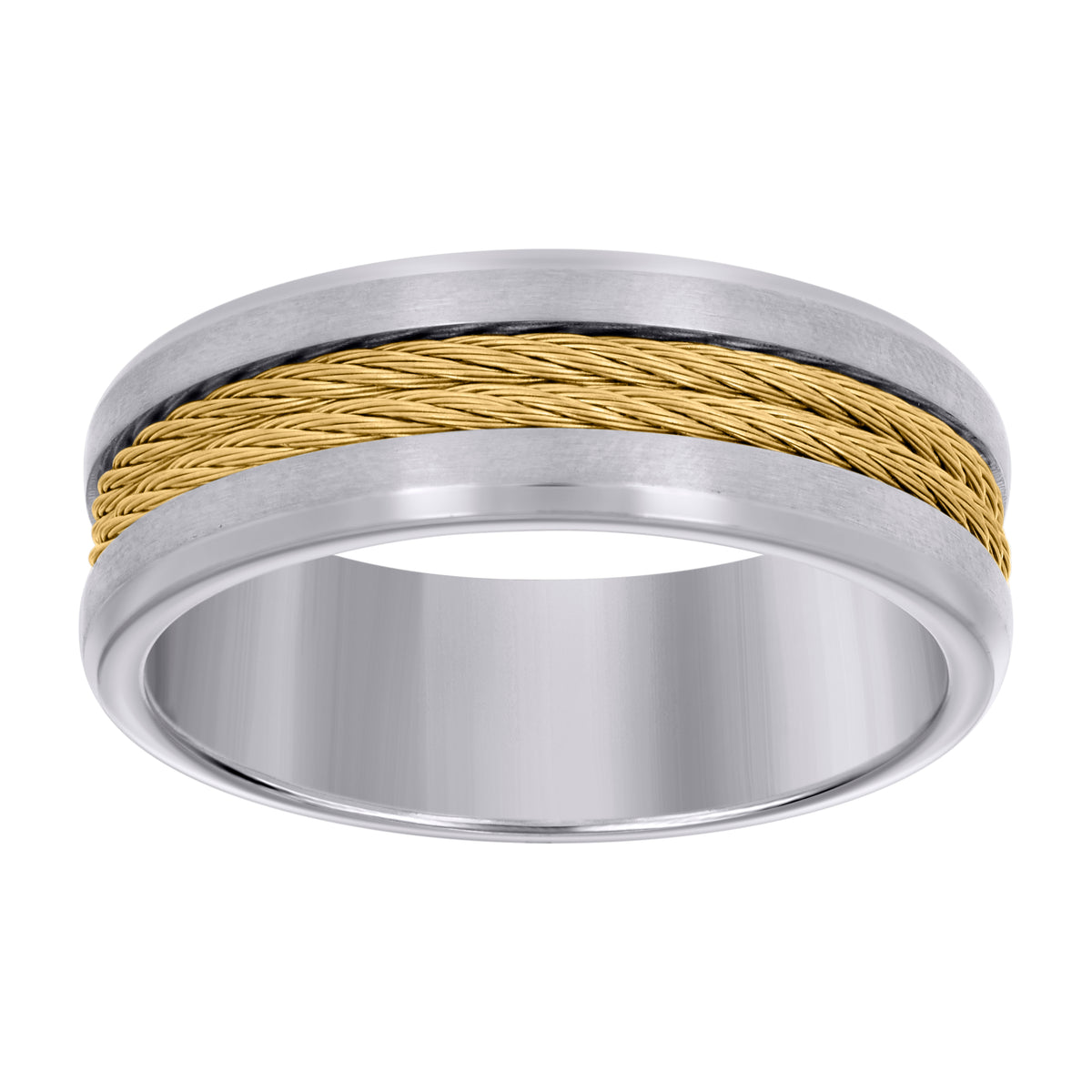 Stainless Steel Yellow-tone Mens Cable Inlay Comfort-Fit Wedding Band 8mm Size 11