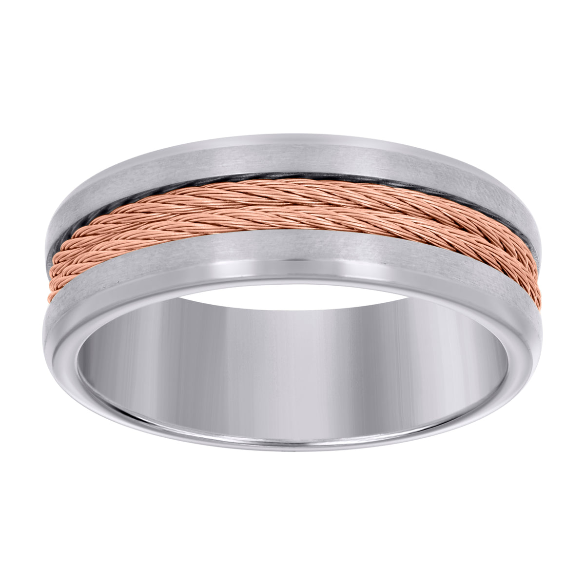Stainless Steel Rose-tone Mens Cable Inlay Comfort-Fit Wedding Band 8mm