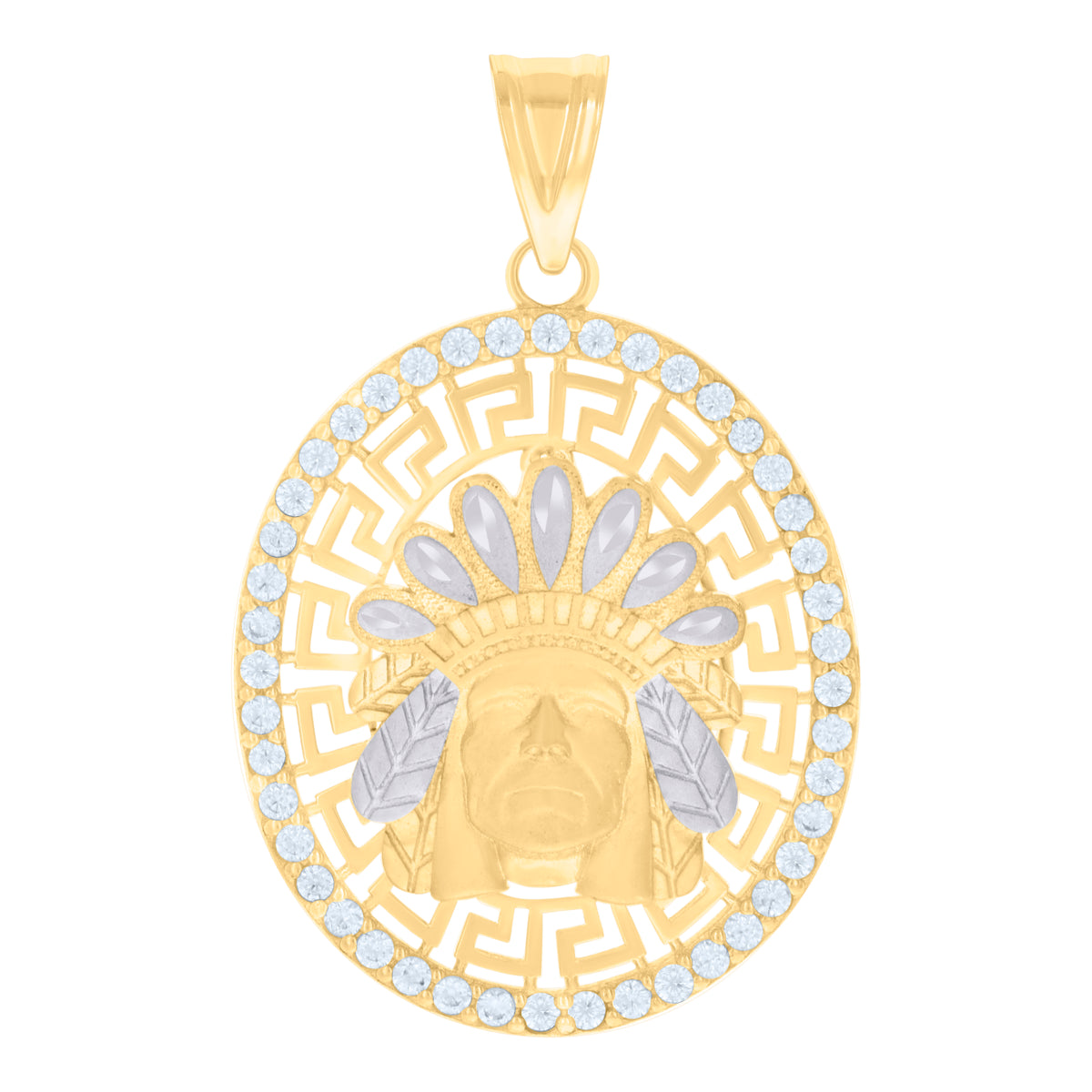 10K Two-tone Gold Mens Cubic-Zirconia Native American Indian Chief Fashion Charm Pendant
