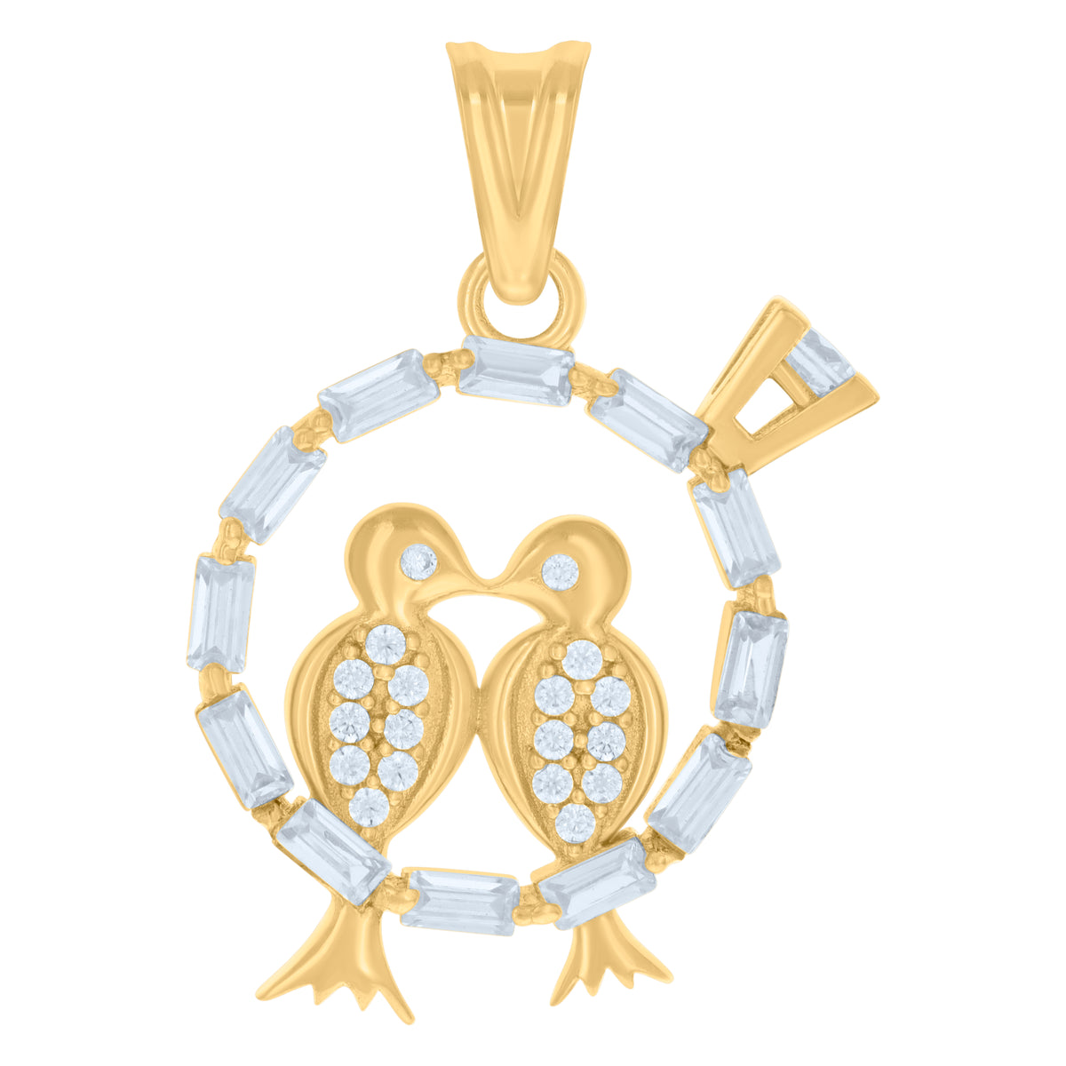 10K Yellow Gold Womens Baguette Round Cubic-Zirconia Lovebirds Wildlife Charm Pendant