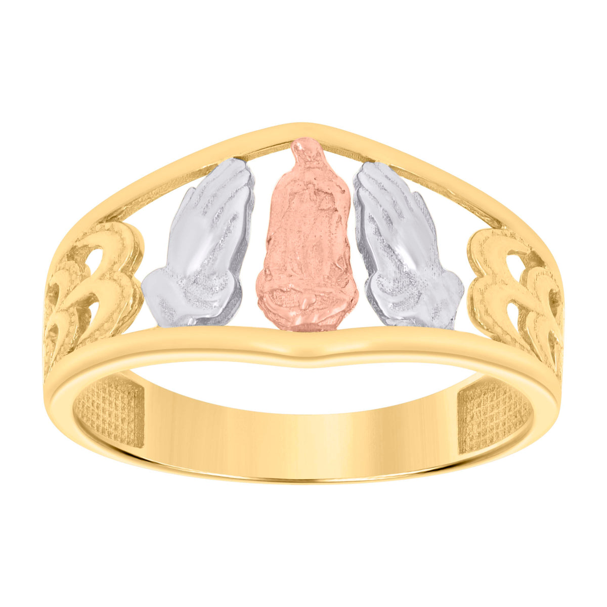 10K Tri-Color Gold Womens Guadalupe Praying Hands Symbol Religious Ring