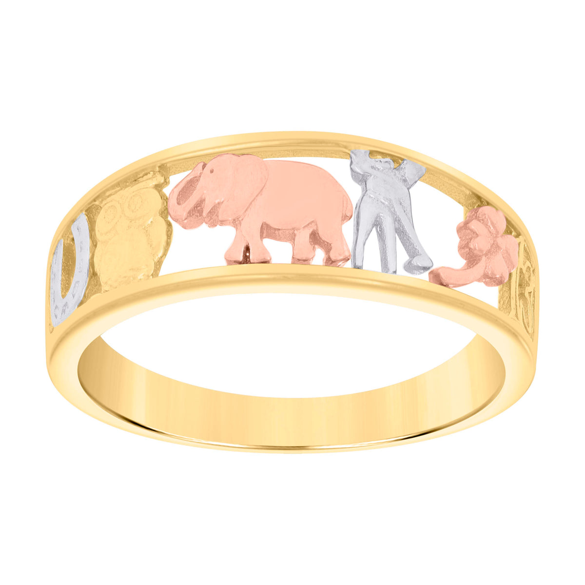 10K Tri-Color Gold Womens Elephant Owl Clover Horseshoe Good Luck Ring