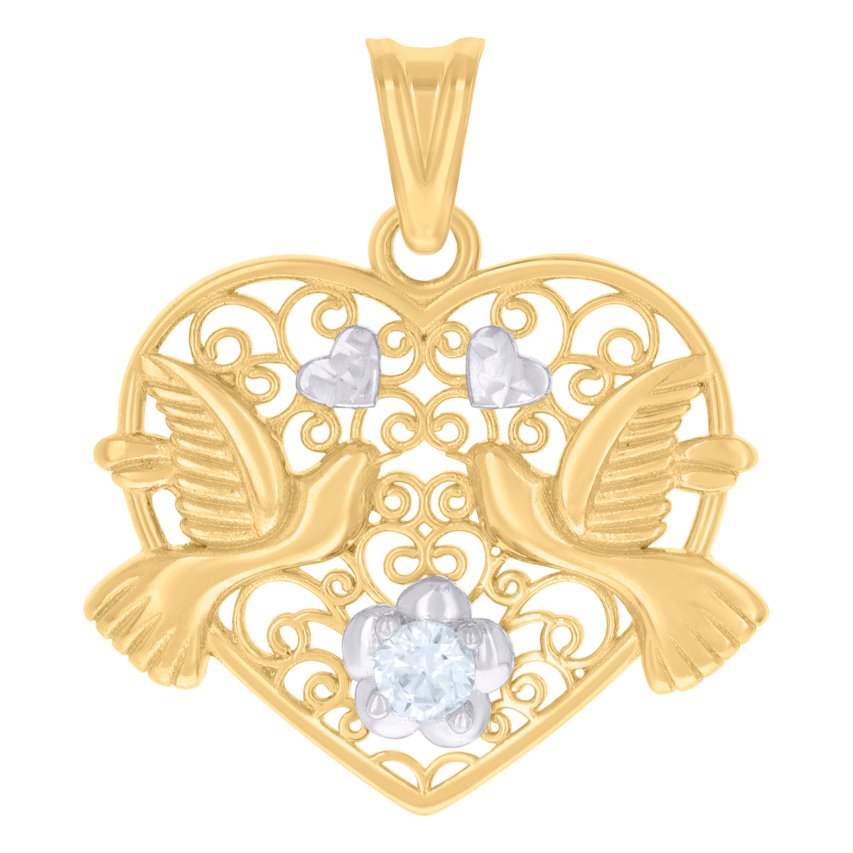 10K Two-tone Gold Womens Cubic-Zirconia Flying Doves Heart Charm Pendant