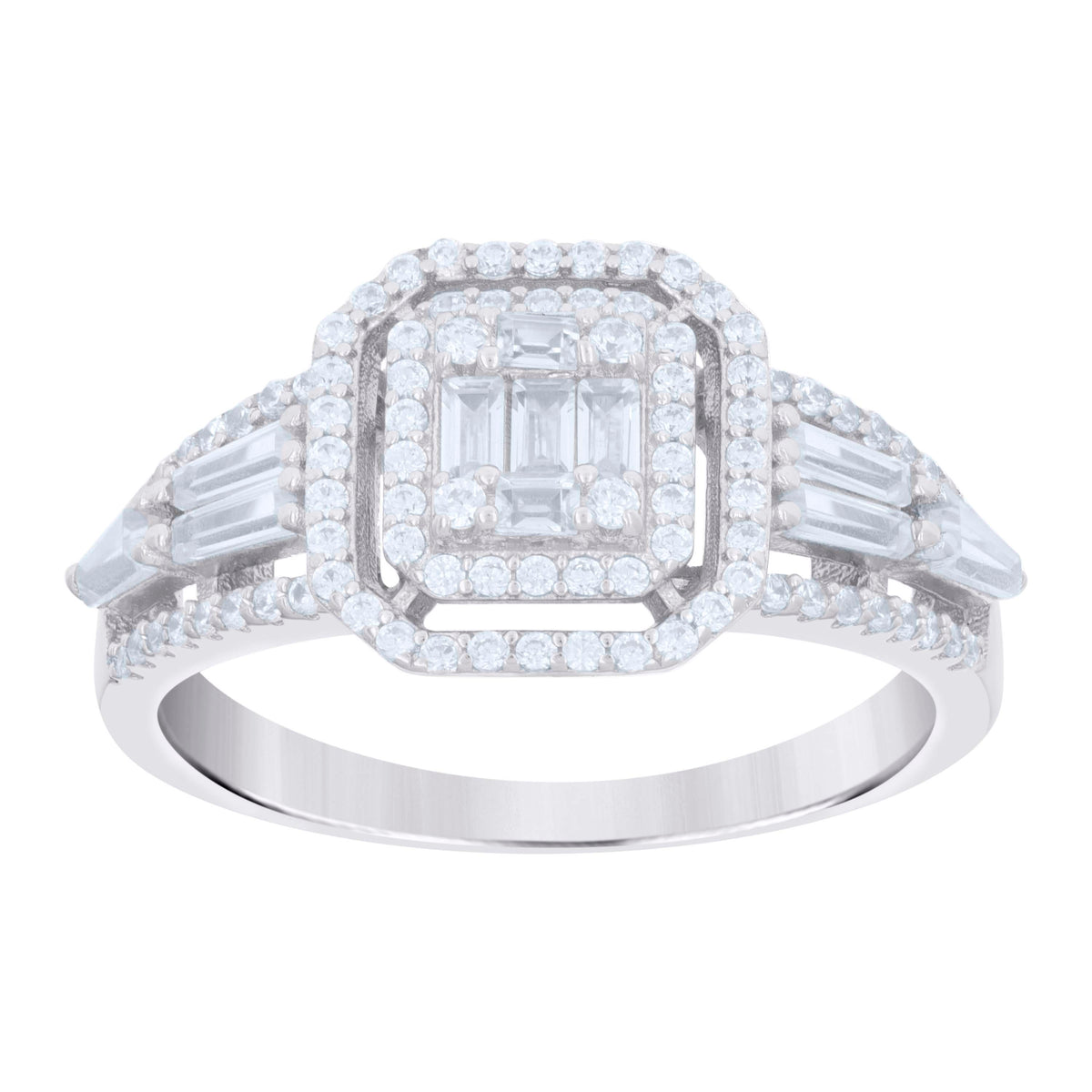 925 Sterling Silver Womens Baguette Round Cubic-Zirconia Octagon Head Fashion Ring Size 7