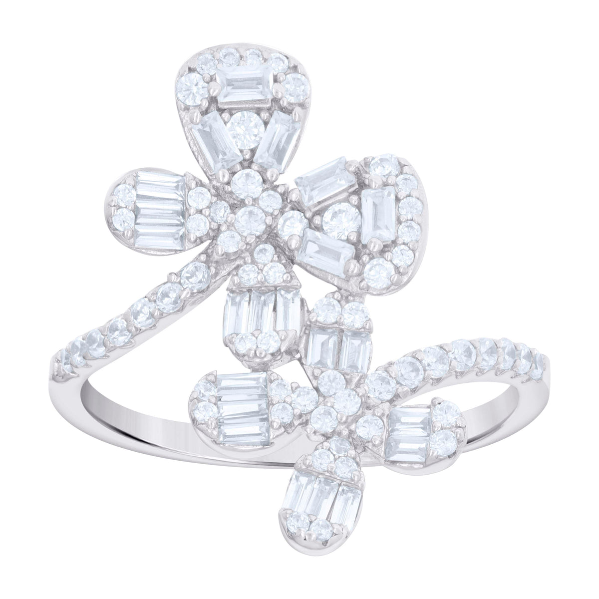 925 Sterling Silver Womens Baguette Round Cubic-Zirconia Flower Fashion Ring Size 7
