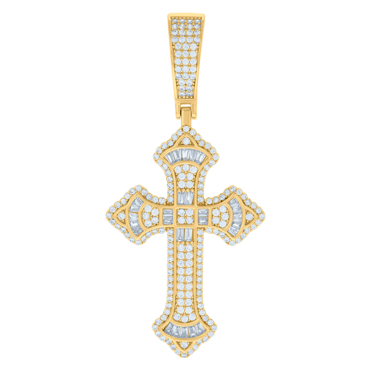 925 Sterling Silver Yellow-tone Mens Baguette Round Cubic-Zirconia Cross Religious Charm Pendant