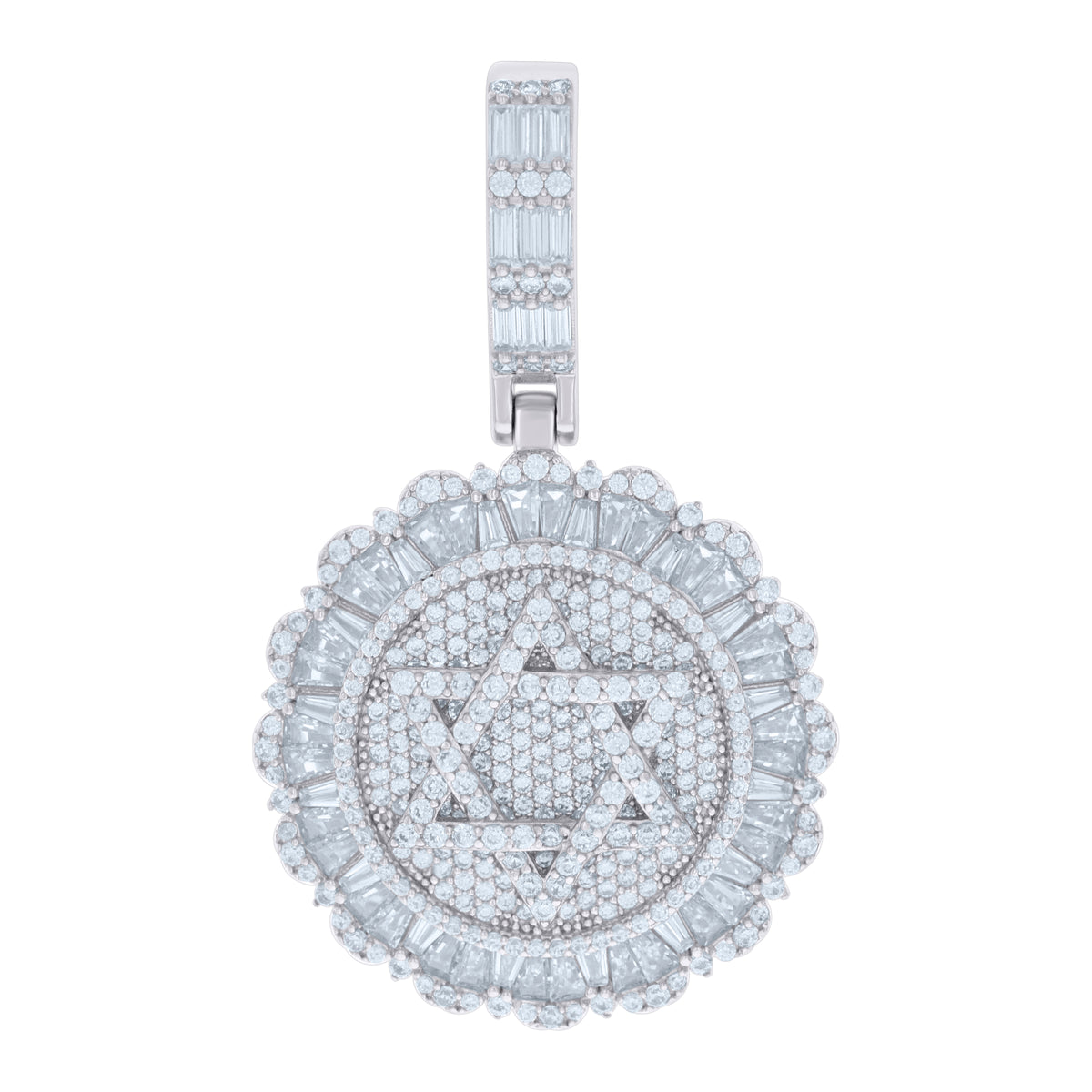 925 Sterling Silver Mens Baguette Round Cubic-Zirconia Star Of David Symbol Religious Charm Pendant