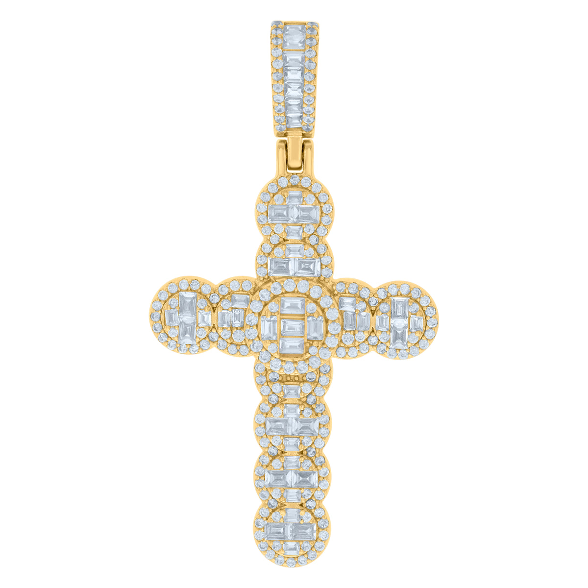 925 Sterling Silver Yellow-tone Mens Baguette Round Cubic-Zirconia Cross Religious Charm Pendant