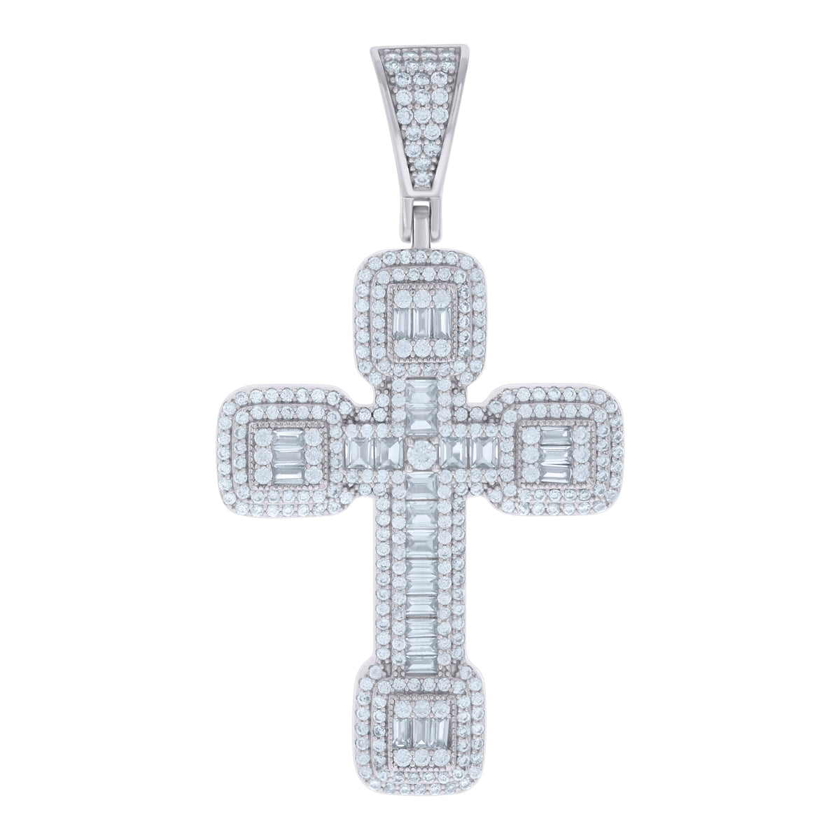 925 Sterling Silver Mens Baguette Round Cubic-Zirconia Cross Religious Charm Pendant