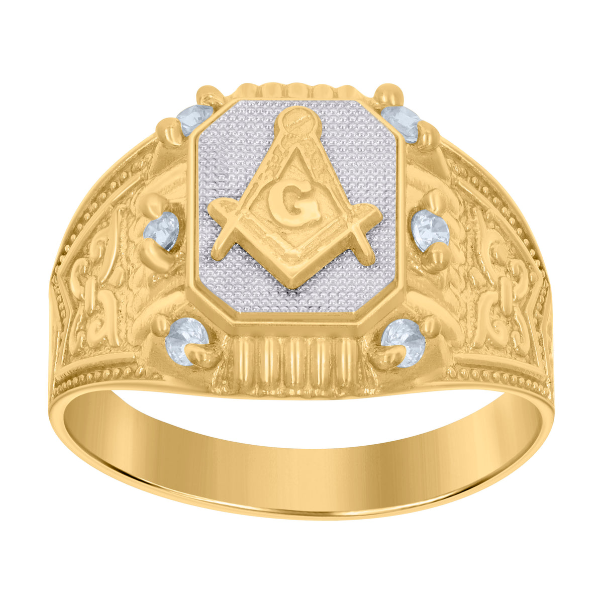 10K Two-tone Gold Mens Cubic-Zirconia Masonic Symbol Religious Ring