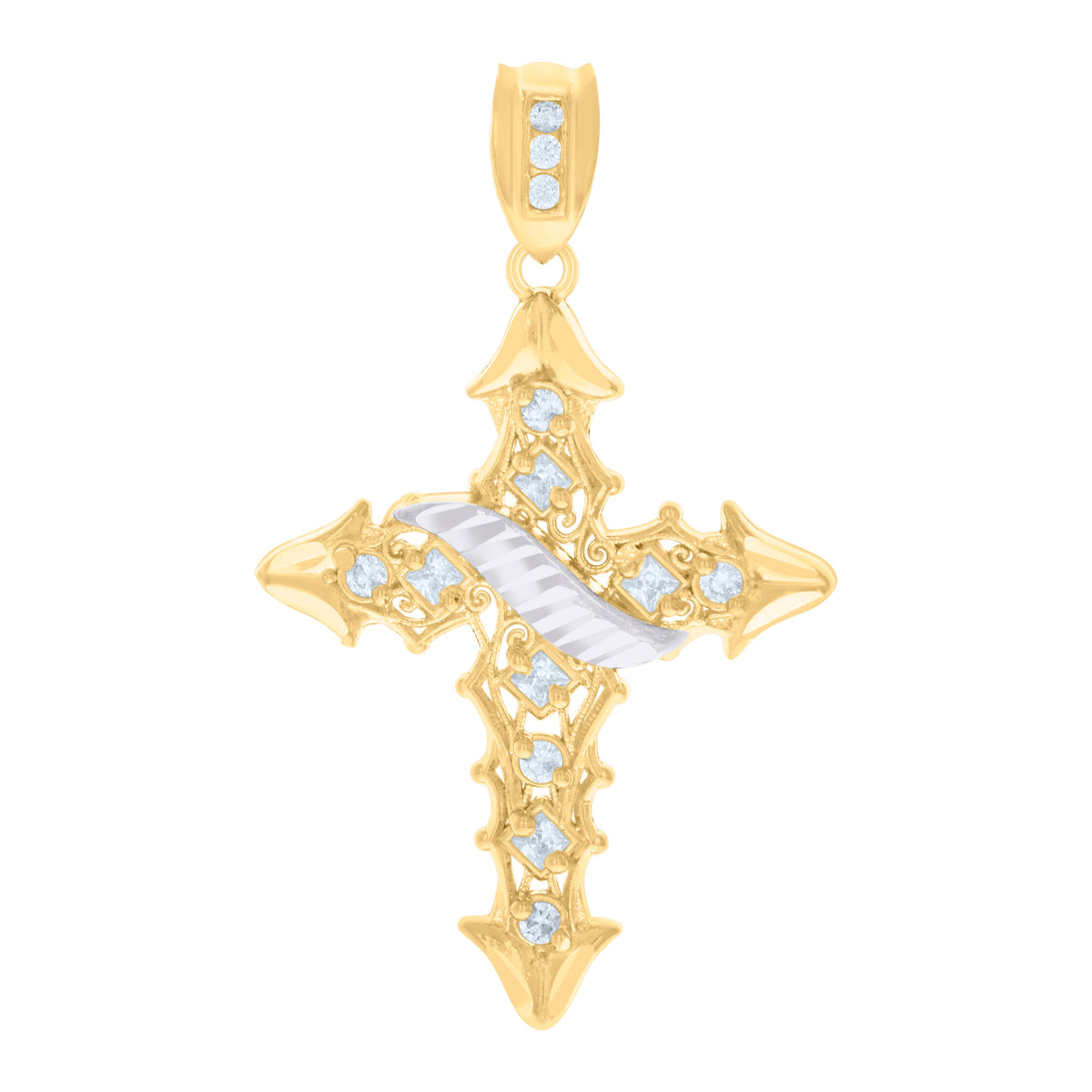 10K Two-tone Gold Mens Princess-cut Round Cubic-Zirconia Filigree Cross Religious Charm Pendant