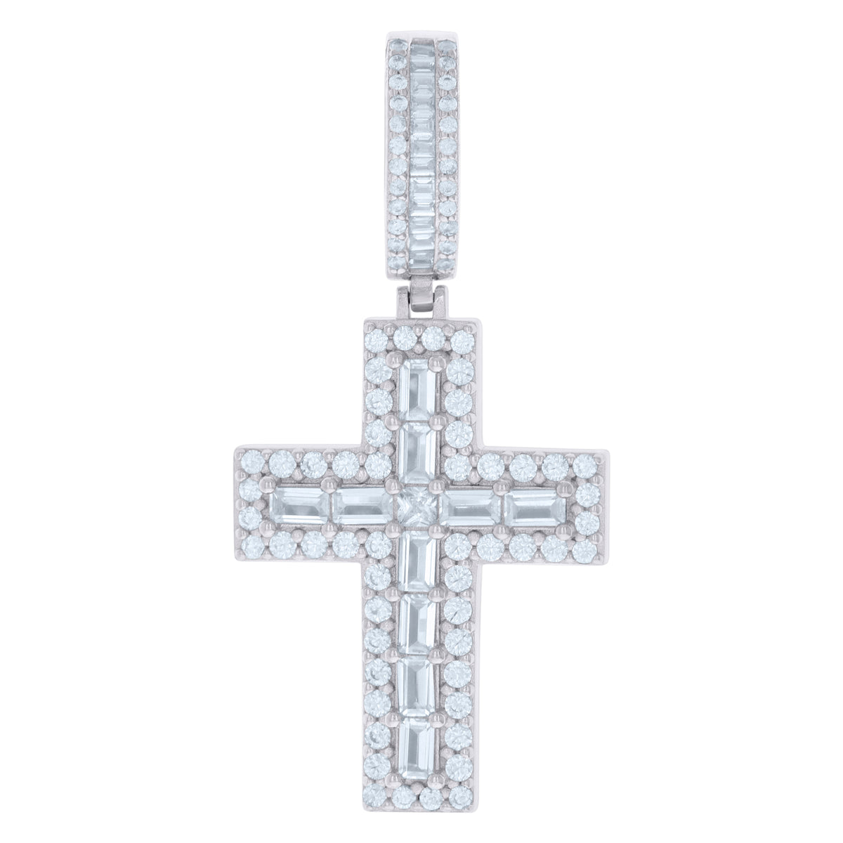 925 Sterling Silver Mens Baguette Round Cubic-Zirconia Cross Religious Charm Pendant