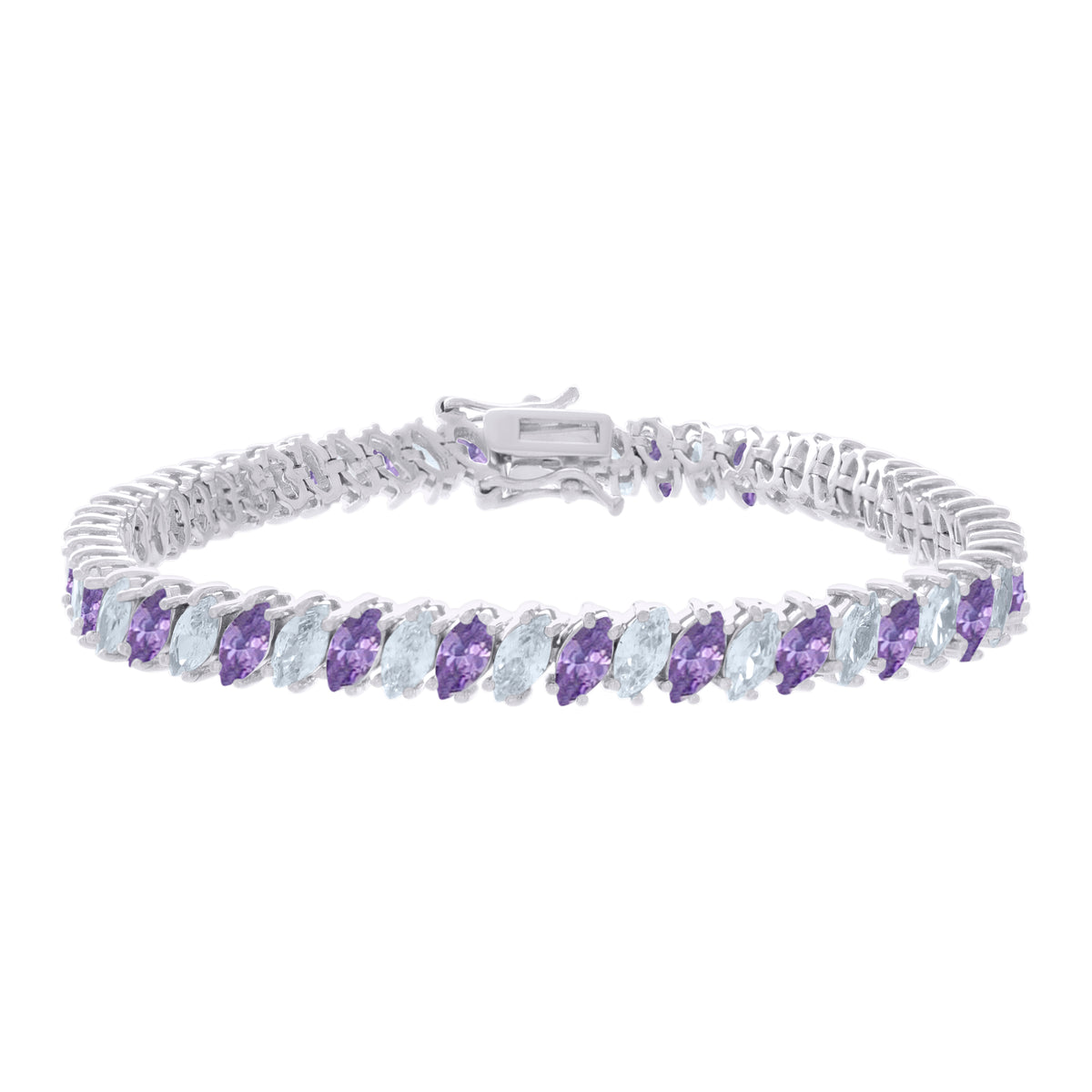 925 Sterling Silver Womens Purple White Marquise Cubic-Zirconia Fashion Link Bracelet 7