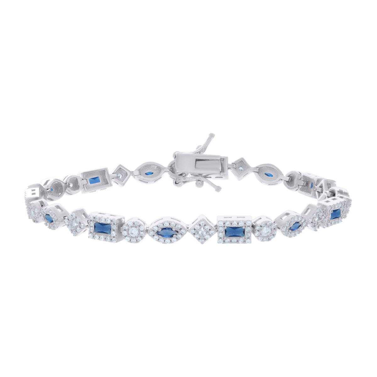 925 Sterling Silver Womens Blue White Baguette/Marquise Round Cubic-Zirconia Fashion Link Bracelet 7