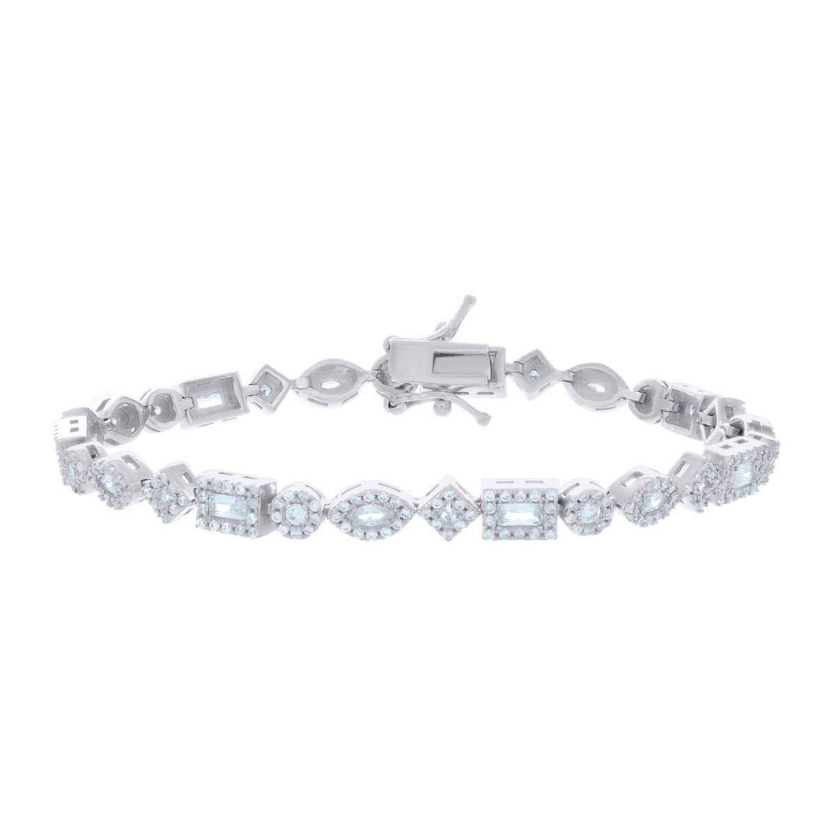 925 Sterling Silver Womens Baguette/Marquise Round Cubic-Zirconia Fashion Link Bracelet 7