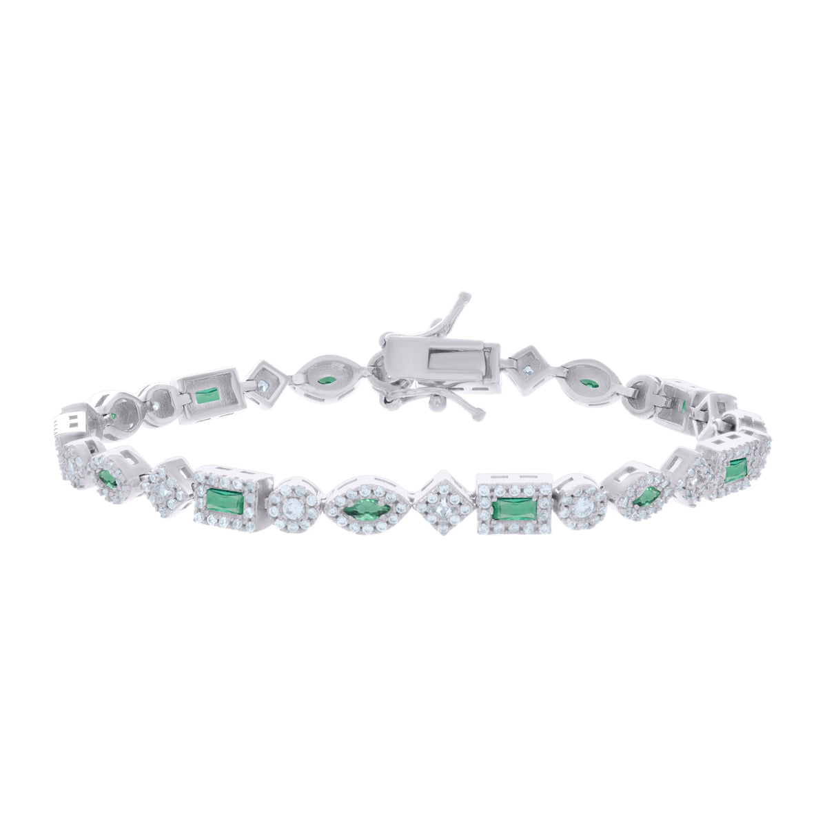 925 Sterling Silver Womens Green White Baguette/Marquise Round Cubic-Zirconia Fashion Link Bracelet 7