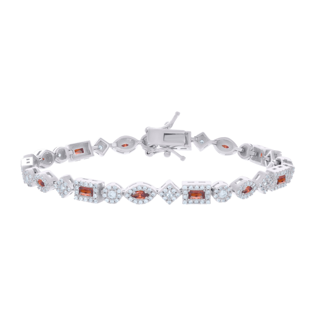 925 Sterling Silver Womens Red White Baguette/Marquise Round Cubic-Zirconia Fashion Link Bracelet 7.25
