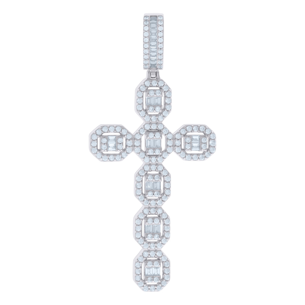 925 Sterling Silver Mens Baguette Round Cubic-Zirconia Cross Religious Charm Pendant