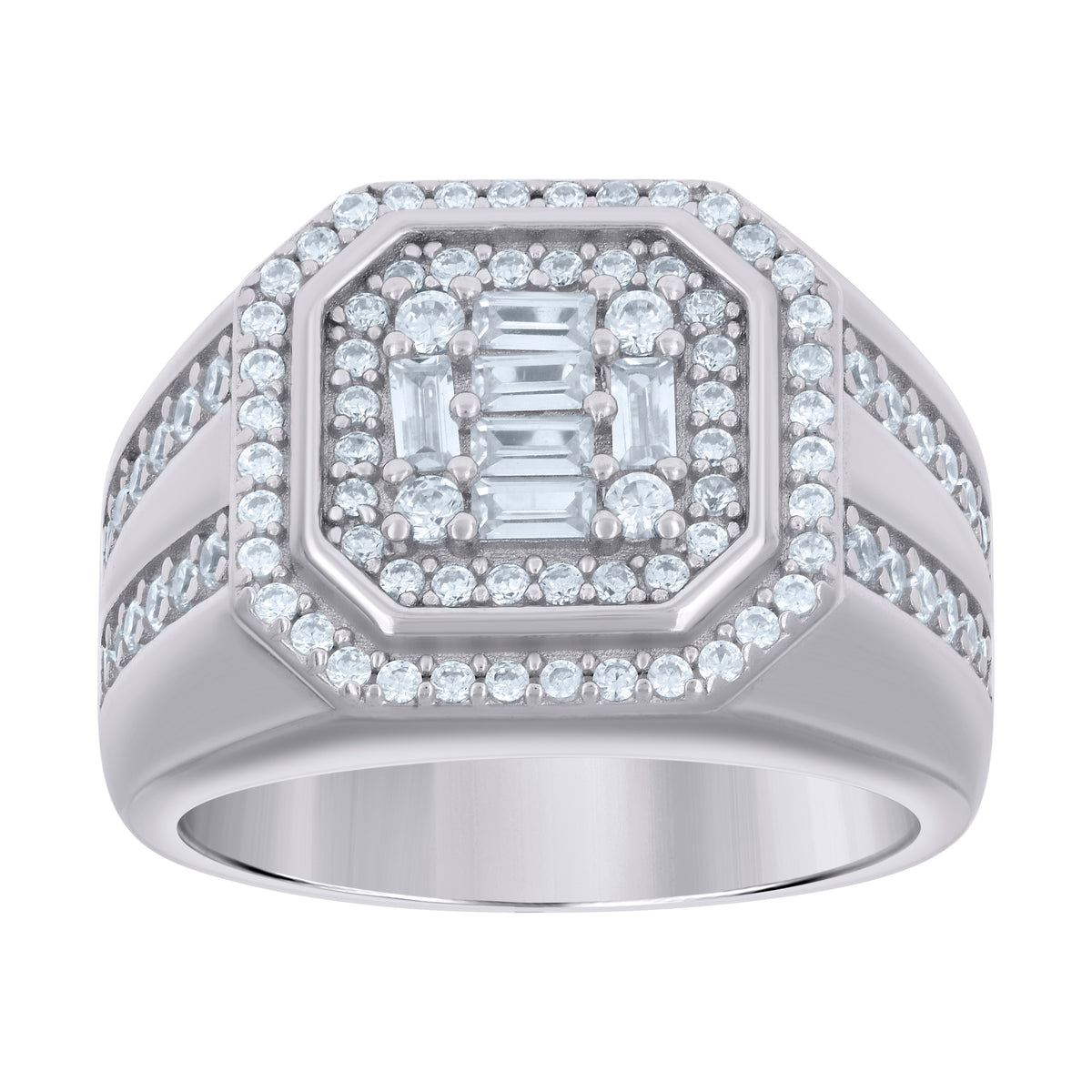 925 Sterling Silver Mens Baguette Round Cubic-Zirconia Octagon Head Fashion Ring