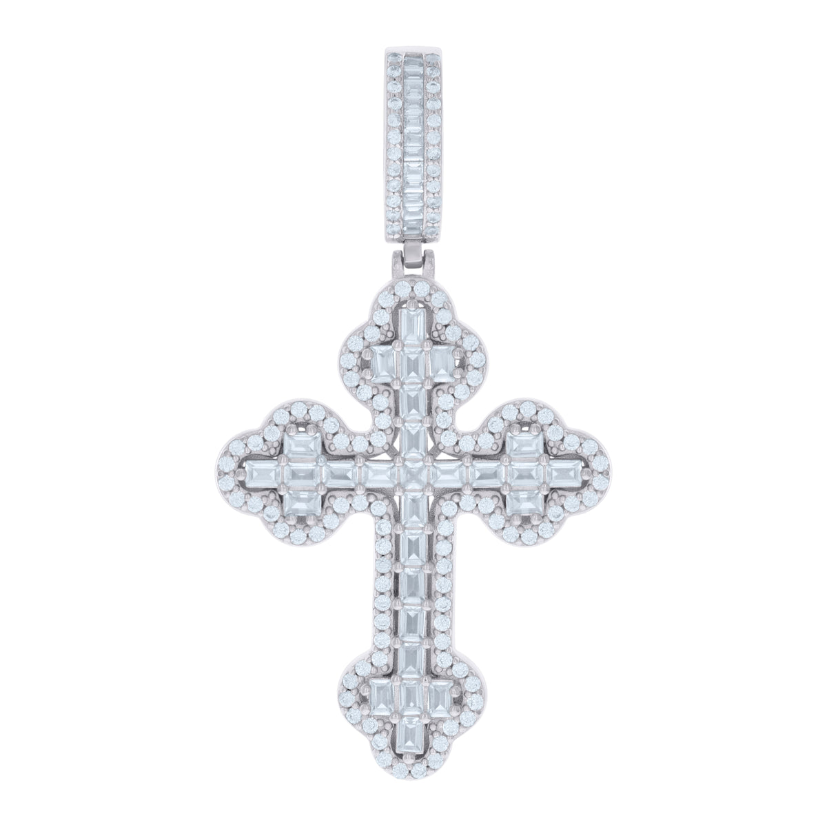 925 Sterling Silver Mens Baguette Round Cubic-Zirconia Cross Religious Charm Pendant