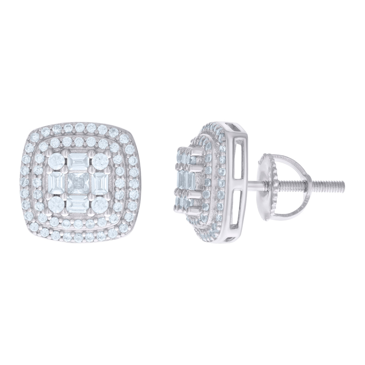 925 Sterling Silver Womens Baguette Round Cubic-Zirconia Square Stud Earrings